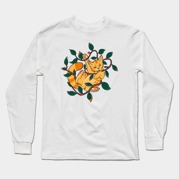 Leafy Autumn Orange Cat Long Sleeve T-Shirt by CloudWalkerDesigns